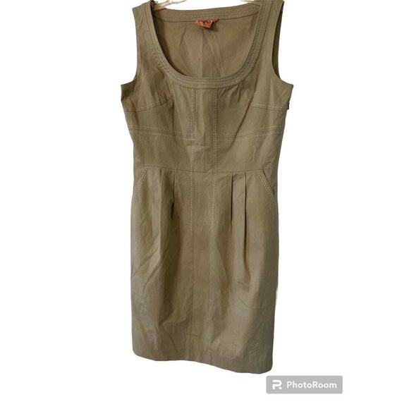 Tory Burch Khaki Top Stitch SCOOP Neck POCKETS DRESS SZ 4 - Picture 1 of 3